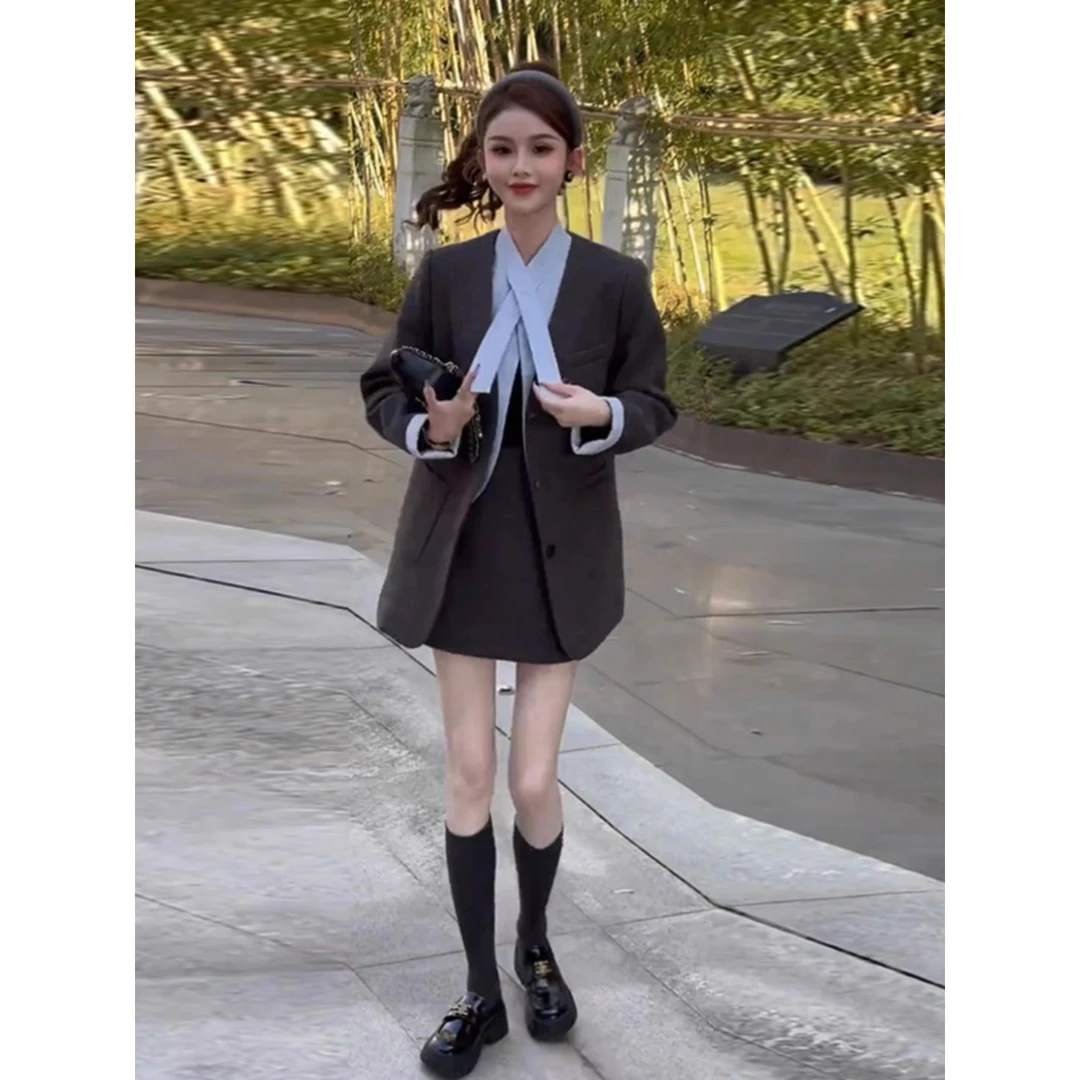 时尚套装女秋冬小个子韩系学院风气质时尚通勤外套半身裙两件套