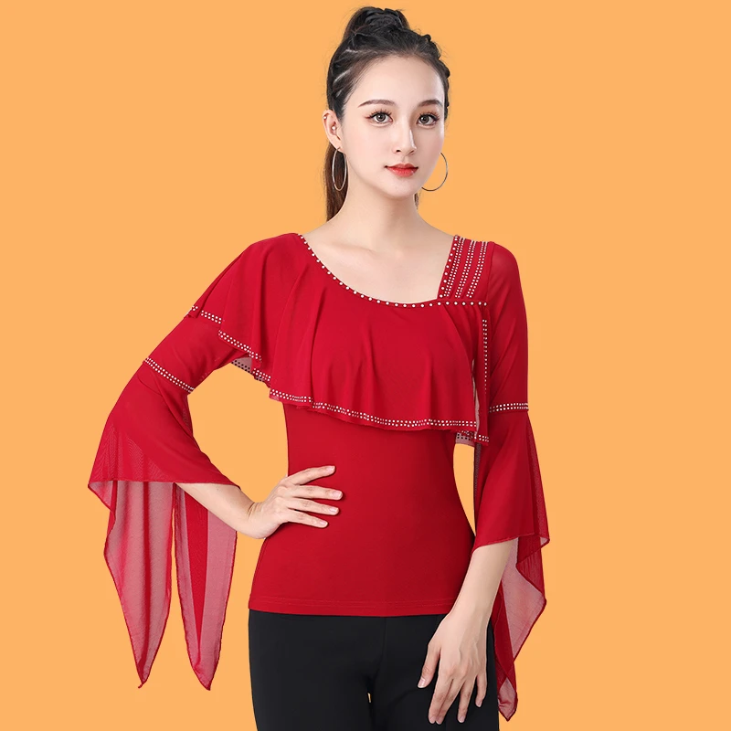 拉丁舞上衣女成人摩登舞服燕尾荷叶袖舞蹈国标舞练功服女交谊舞衣