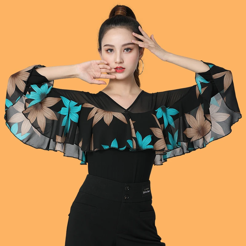 成人拉丁舞时尚女新款跳舞衣练功服网纱荷叶边国际摩登舞蹈服上衣
