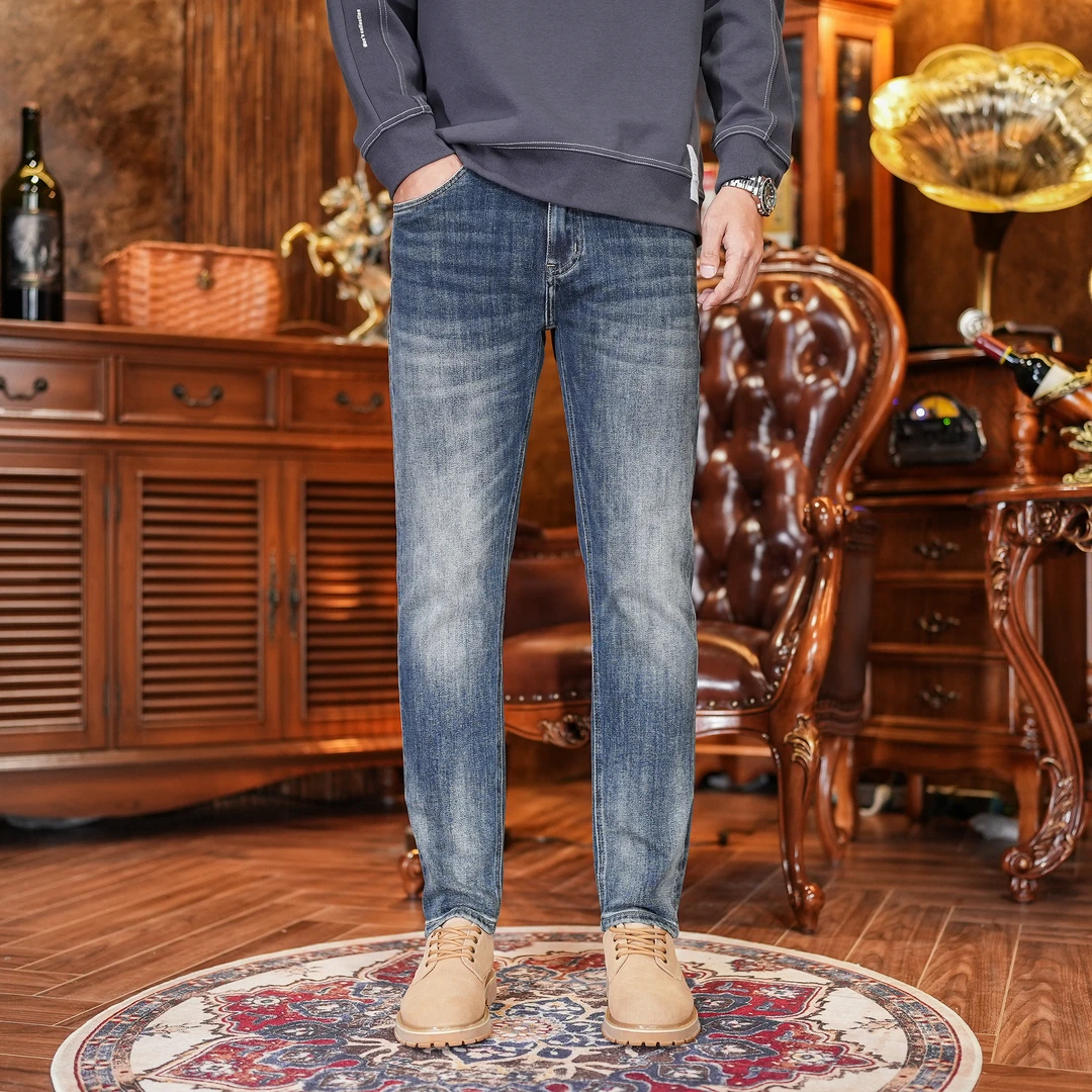 春秋新款男士高档牛仔裤简约百搭蓝色微弹修身小直筒裤休闲男装