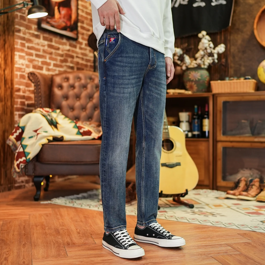 春季新款斜口袋牛仔裤男士微弹修身小直筒舒适百搭男装深色男裤子