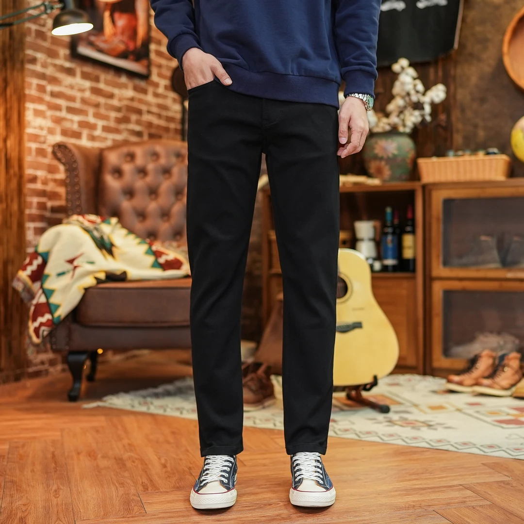 春季男裤防褪色纯黑色牛仔裤男士弹力修身小直筒大码休闲百搭男装