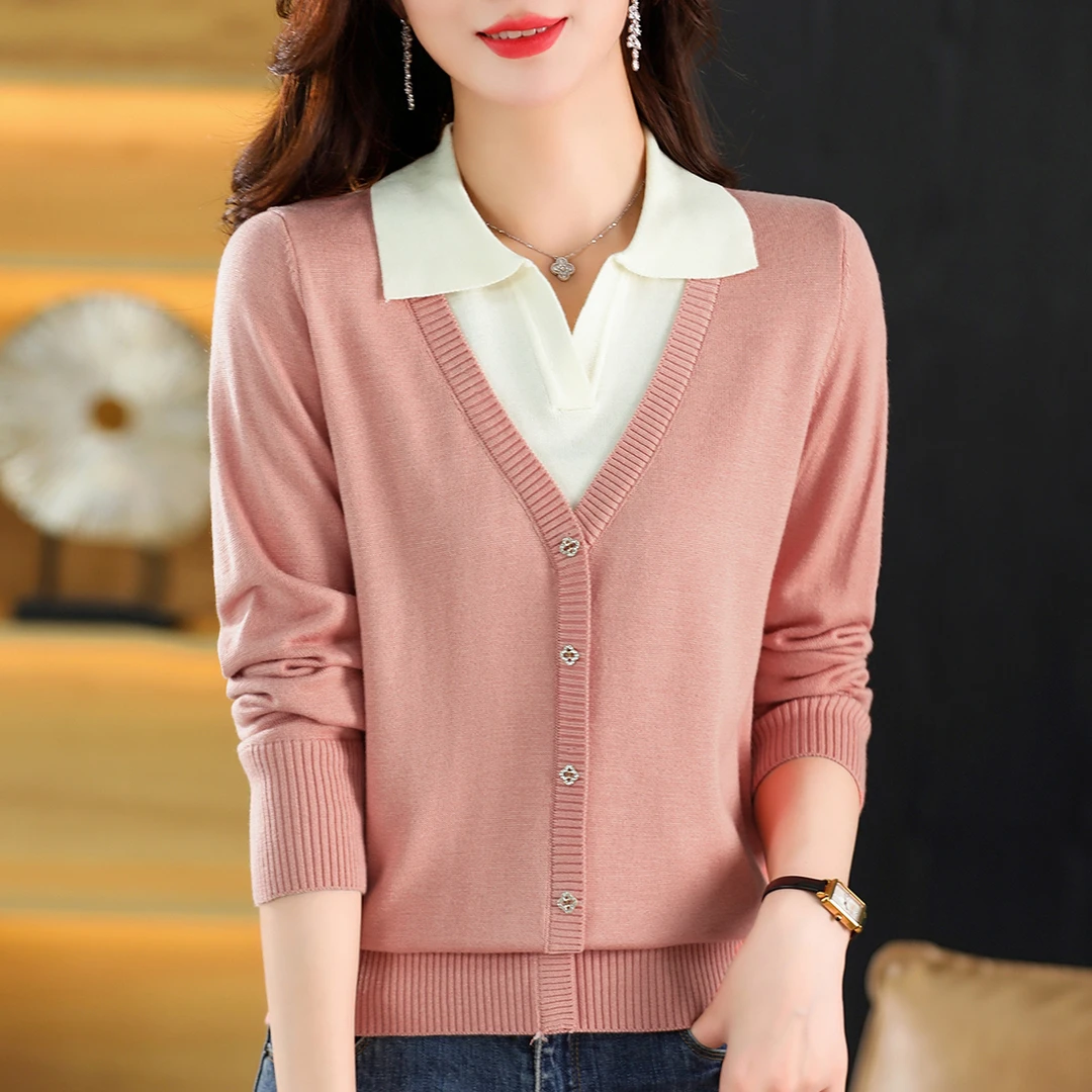 秋冬新款假两件撞色POLO领针织衫女时尚百搭宽松显瘦妈妈装