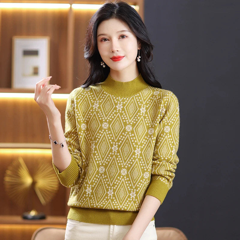 菱形图案圆领洋气百搭针织衫女减龄显瘦秋冬妈妈装