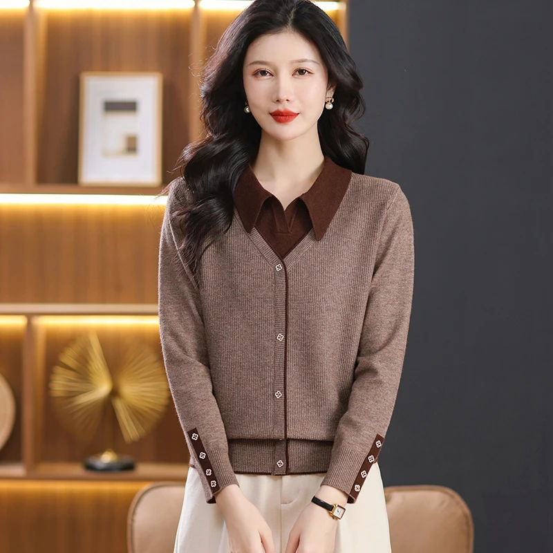 假两件polo领春秋新款打底单穿针织衫简约时尚妈妈装