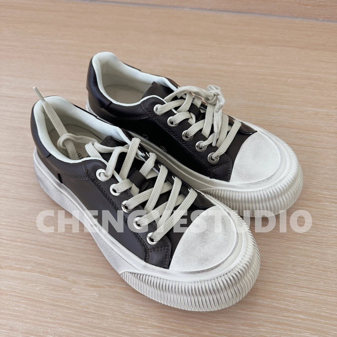 【意意】复古做旧皮面饼干休闲百搭小白鞋 A-Y9015#