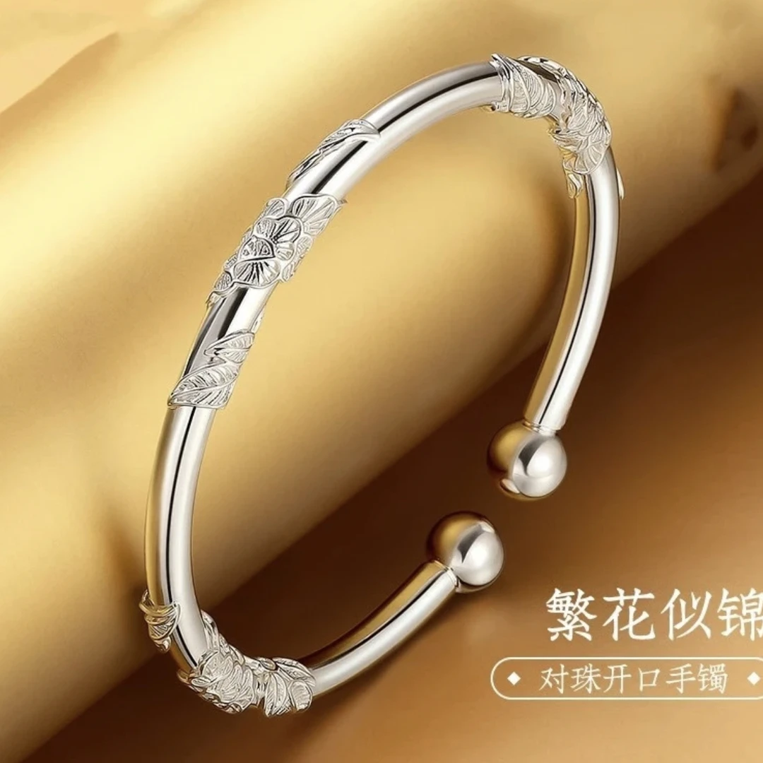 800银手镯 006银圆棍浮雕花纹手镯女开口对珠款手环繁花似锦