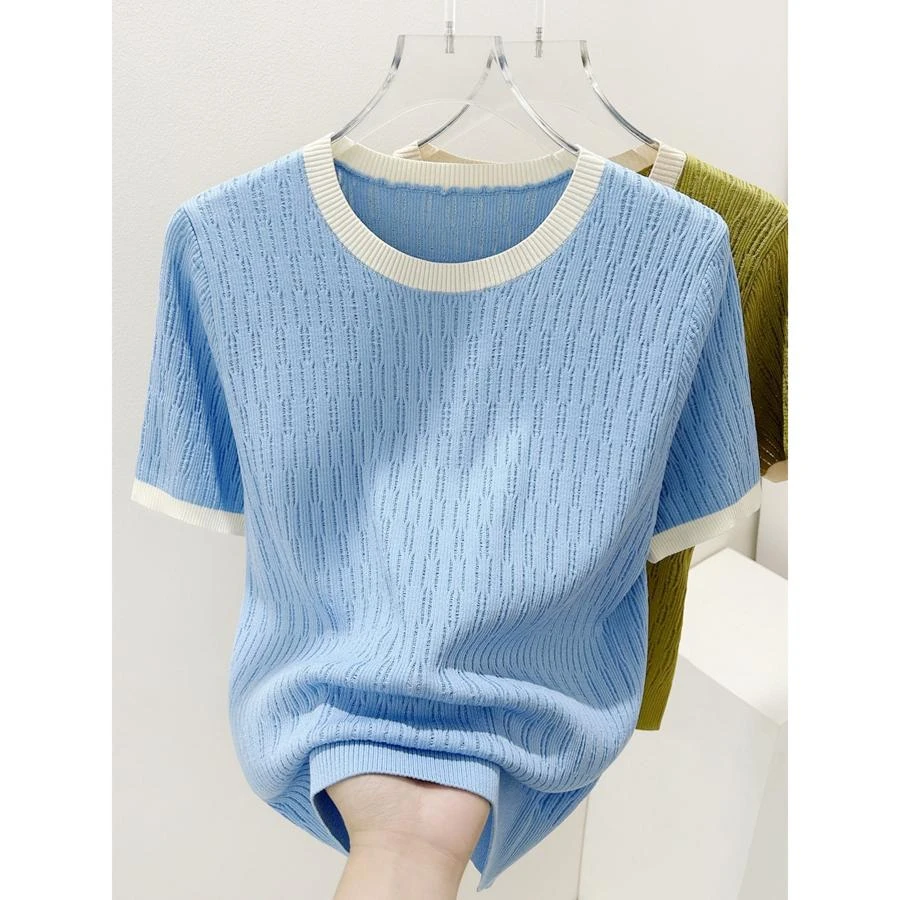 时尚夏季洋气镂空直播衣服短款撞色边针织圆领短袖X2D21201