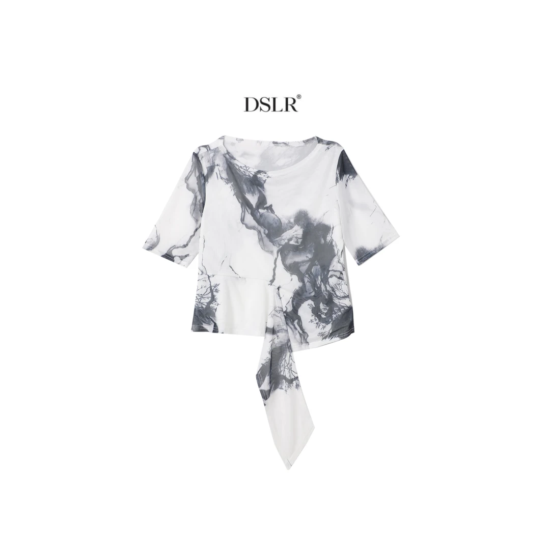 新款国风晕染水墨画网纱t恤印花洋气沙体中袖女装纱衣