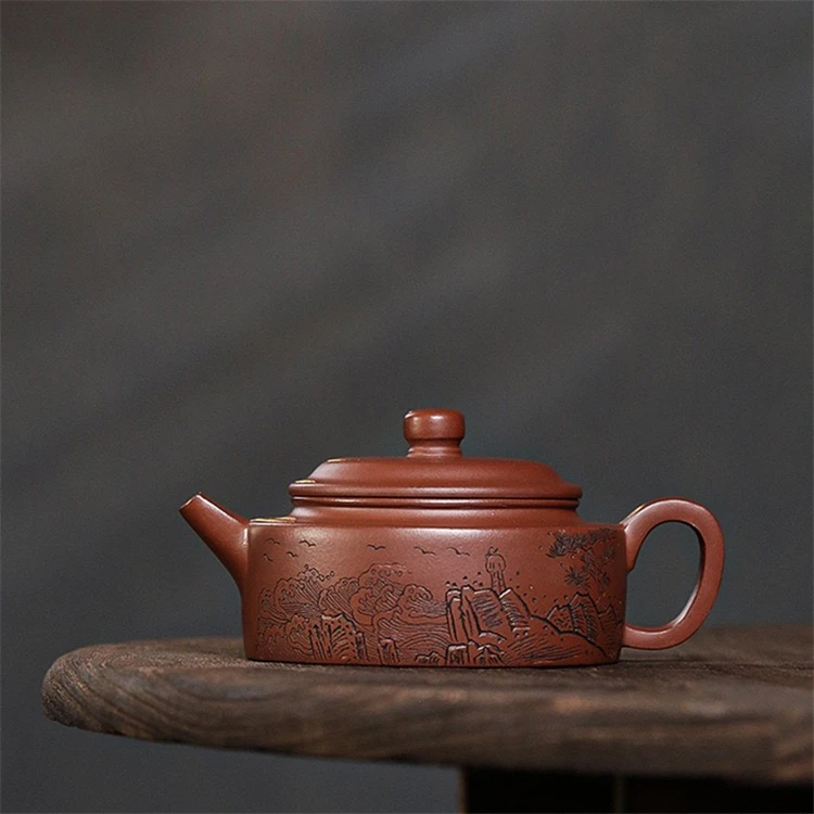 宜兴紫砂壶原矿紫泥精工刻绘扁德钟功夫茶泡茶壶茶具150cc