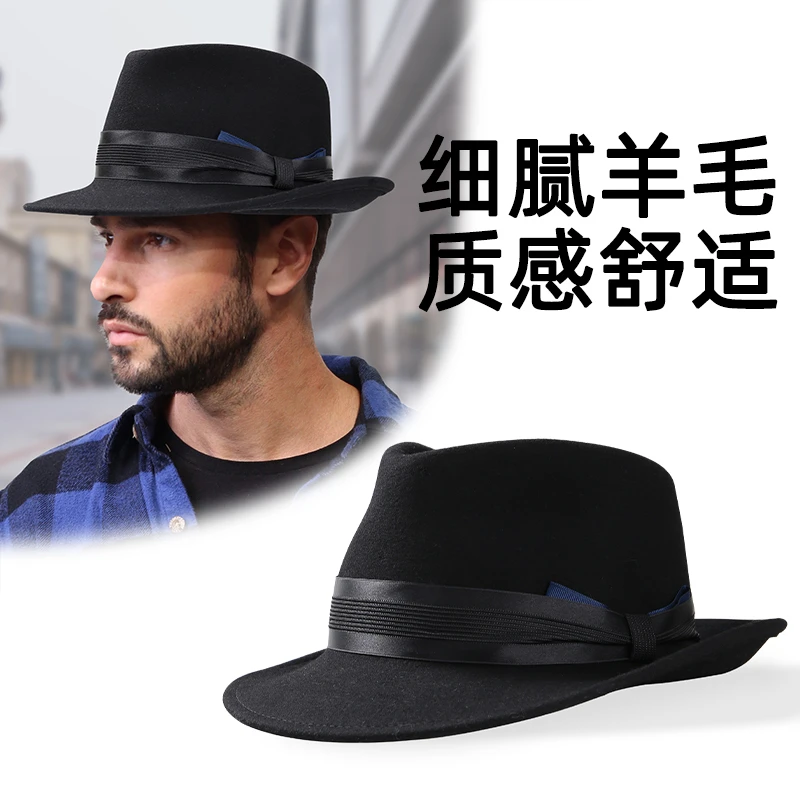 英伦风时尚羊毛礼帽男士秋冬休闲毛呢大檐毡帽女复古绅士帽百搭黑