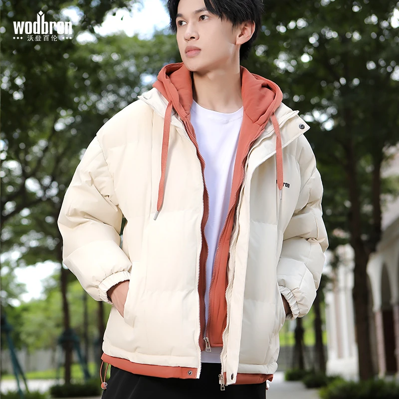 WODBRON/沃登百伦冬季加厚假两件棉服男款连帽棉服潮流防风外套