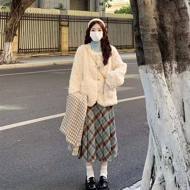 大码白色小香风毛毛外套加厚短款裙子套装