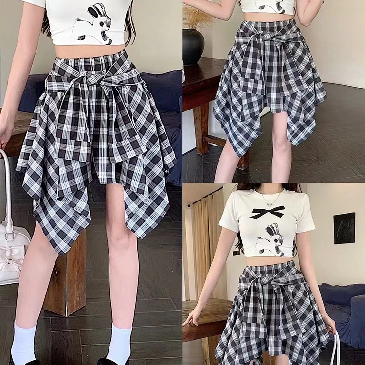 大码女装夏季高腰显瘦格子半身裙不规则设计短裙衬衫式绑带A字裙