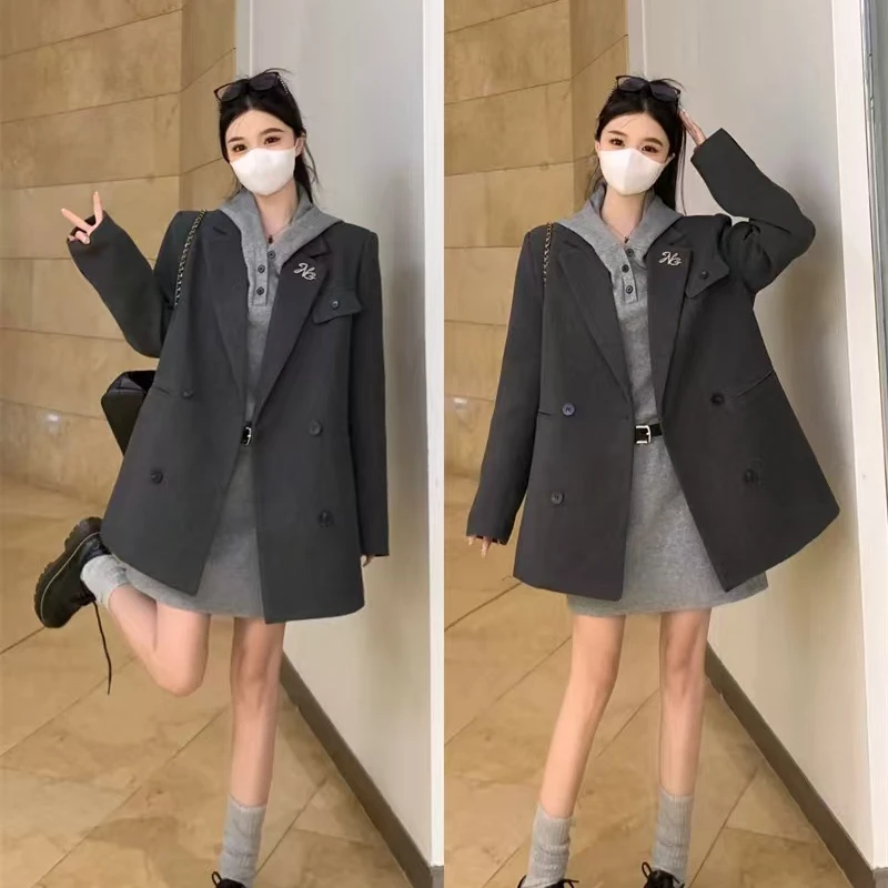 秋冬新款灰色毛呢西装式外套女英伦风时髦短款呢子大衣