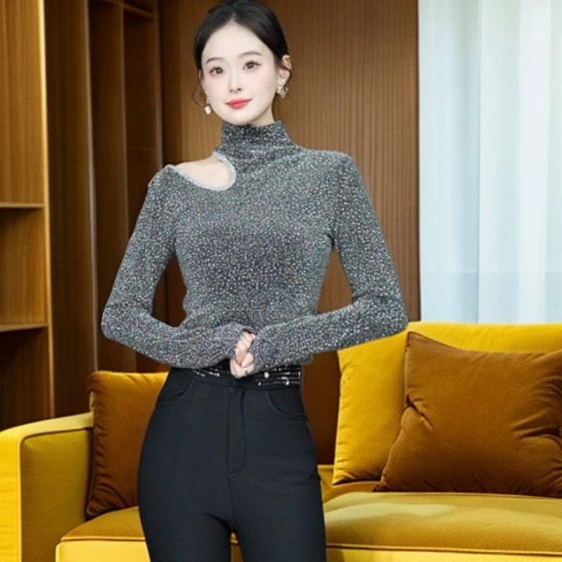 2025春季新款半高领露肩长袖打底衫修身显瘦韩版亮片T恤上衣女装