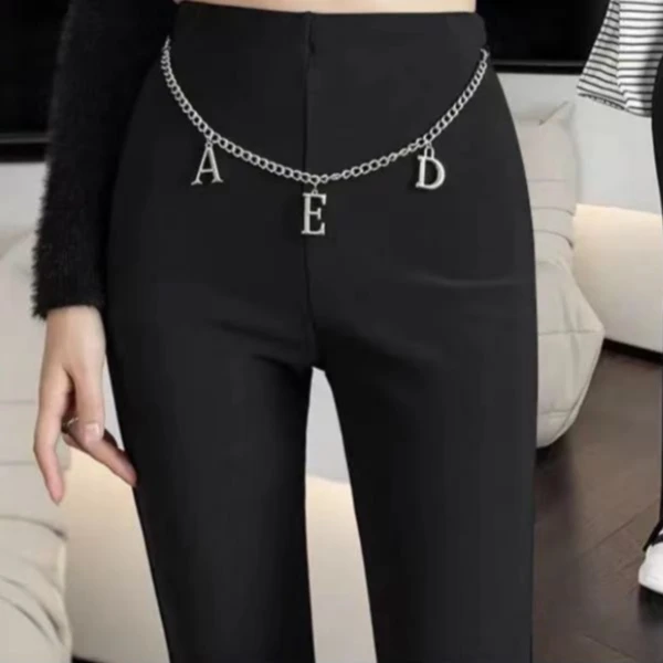 2025高腰修身显瘦垂坠感链条开叉微喇叭裤黑色设计拖地裤