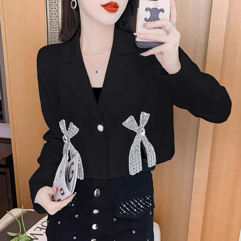 2024法式纯欲风重工镶钻设计感西装外套女秋冬宽松百搭气质短款