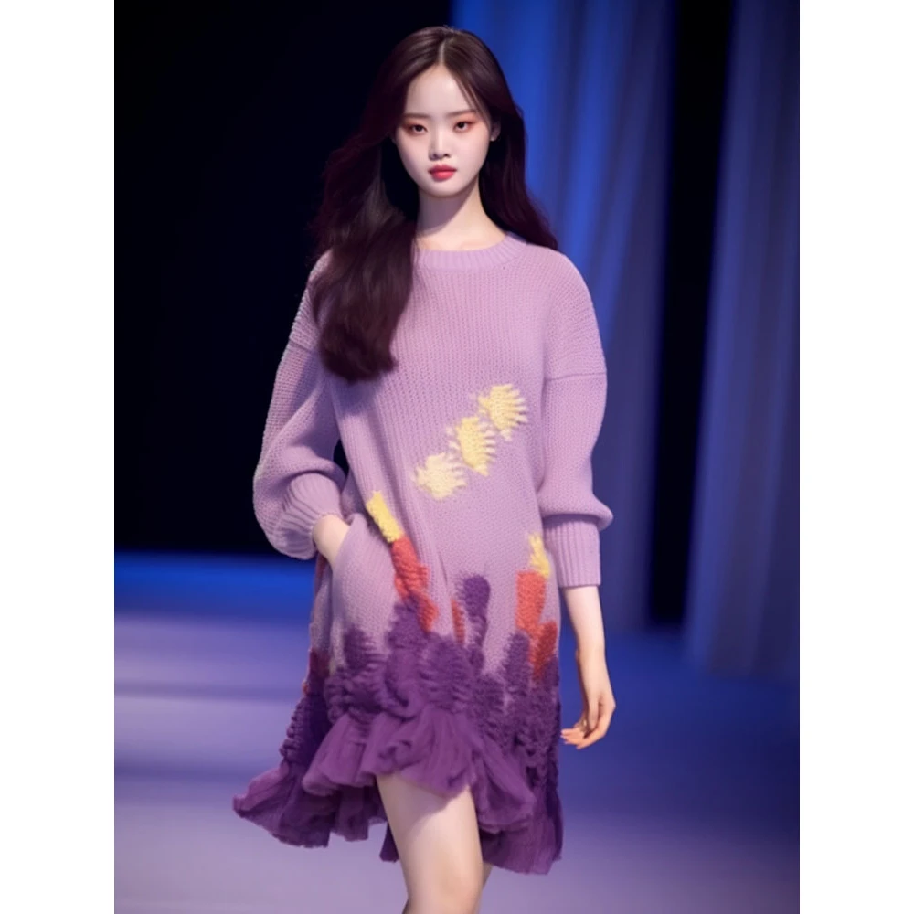 高端精致赫本风法式气质女神范绝美紫色针织拼接连衣裙女秋冬新款