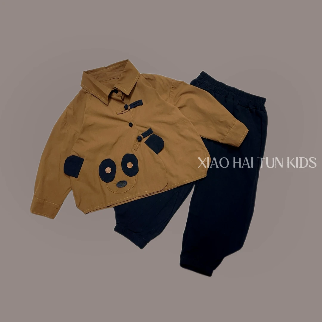 2024男童新款潮流韩版春秋款儿童熊猫衬衫套装--119