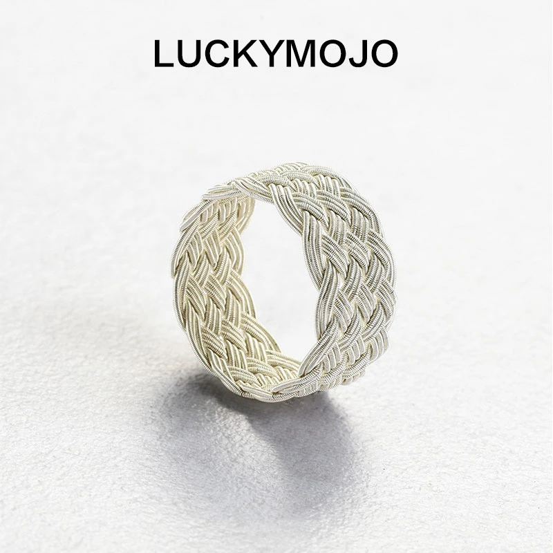 LUCKYMOJO 足银戒指 小众设计简约编织戒指男女情侣对戒高级感