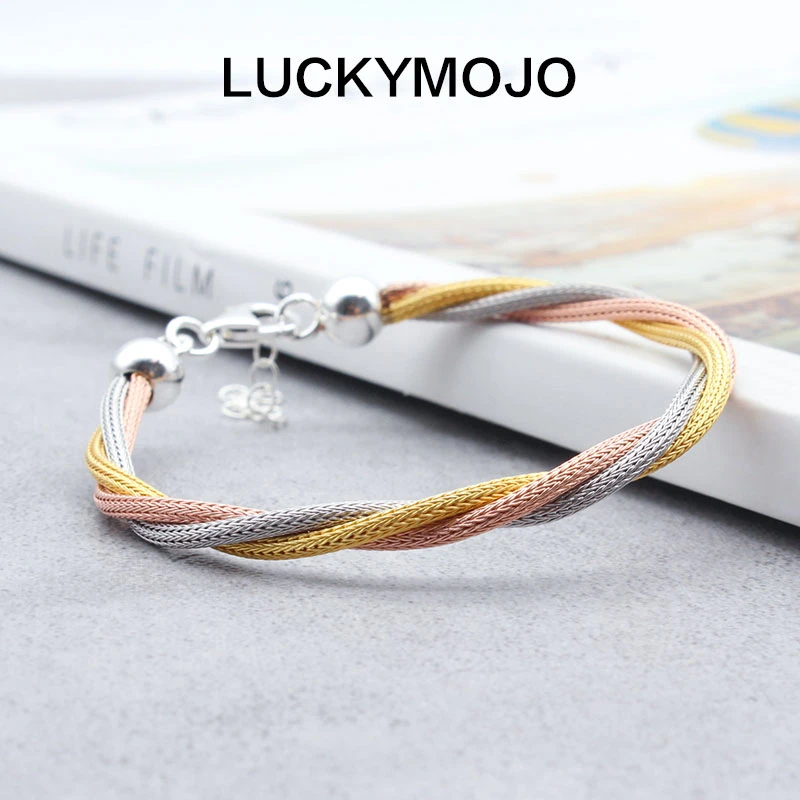 LUCKYMOJO 925银手链 小众清新手工编织三色金女士手链百搭银饰品