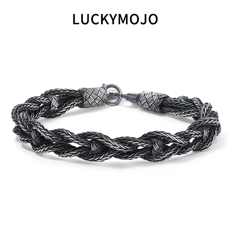 LUCKYMOJO 足银手链 土耳其手工编织银手绳百搭情侣手链扣头925银