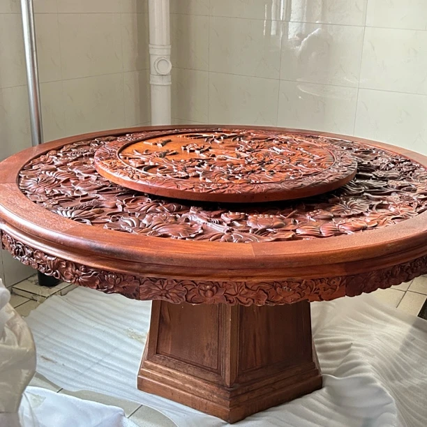 日本中古实木圆桌雕花一桌带八把椅子