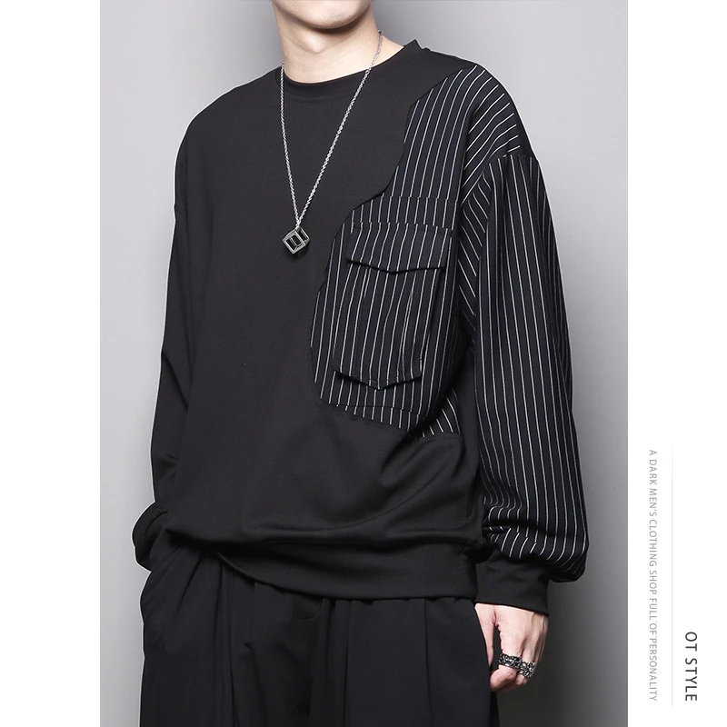 个性小众设计感条纹不规则拼接宽松休闲发型师潮牌圆领加绒卫衣男