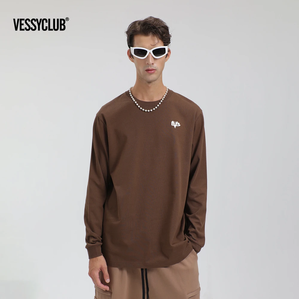 VESSY CLUB内搭百搭阿克苏精梳棉基础宽松圆领时尚休闲绣花长袖