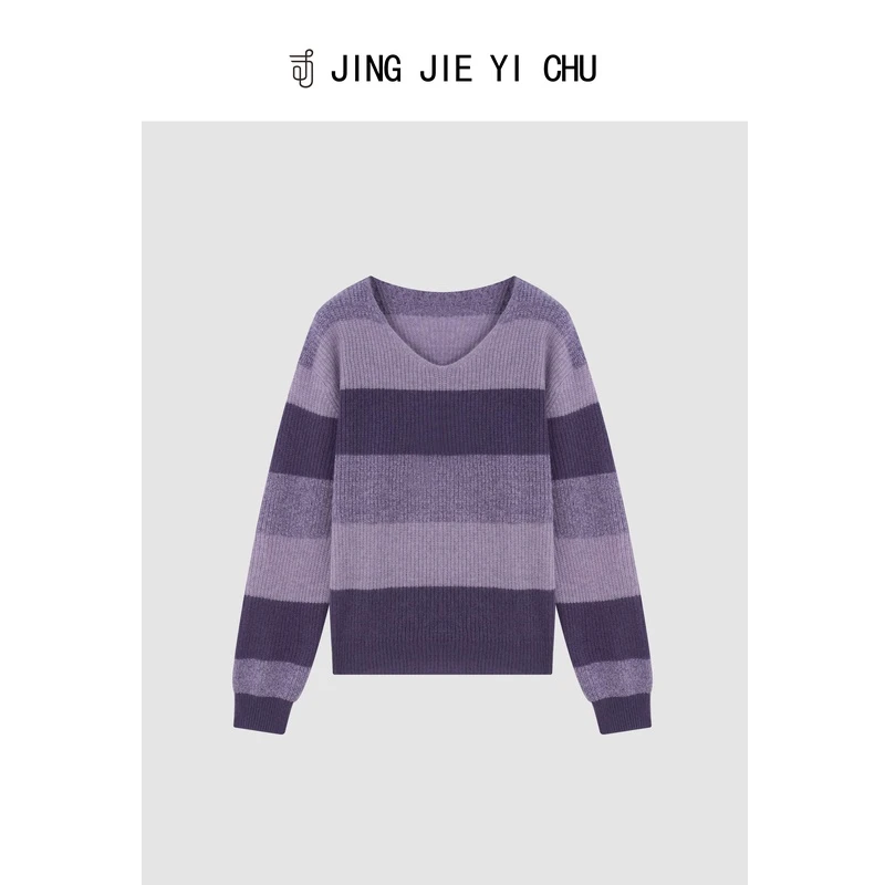 静姐【椿野初见】~新款蜜熊绒撞色条纹宽松针织毛衣 Y503