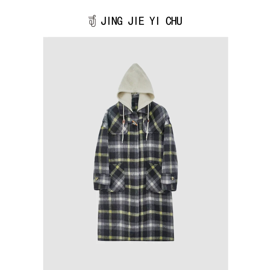 静姐【艺术气息】~秋冬新款格子牛角扣大衣外套R88108