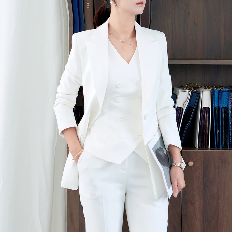 秋季款一粒扣白色西装套装三件套4485职业装工装商务正装修身时尚
