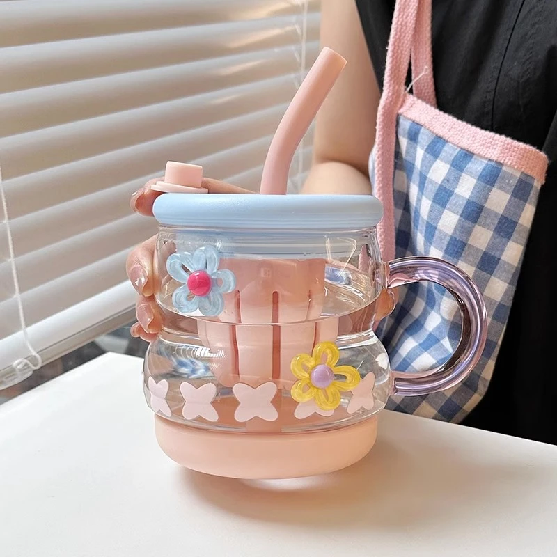 水杯女生玻璃杯高颜值带吸管新款2024便携式家用喝水牛奶早餐杯子