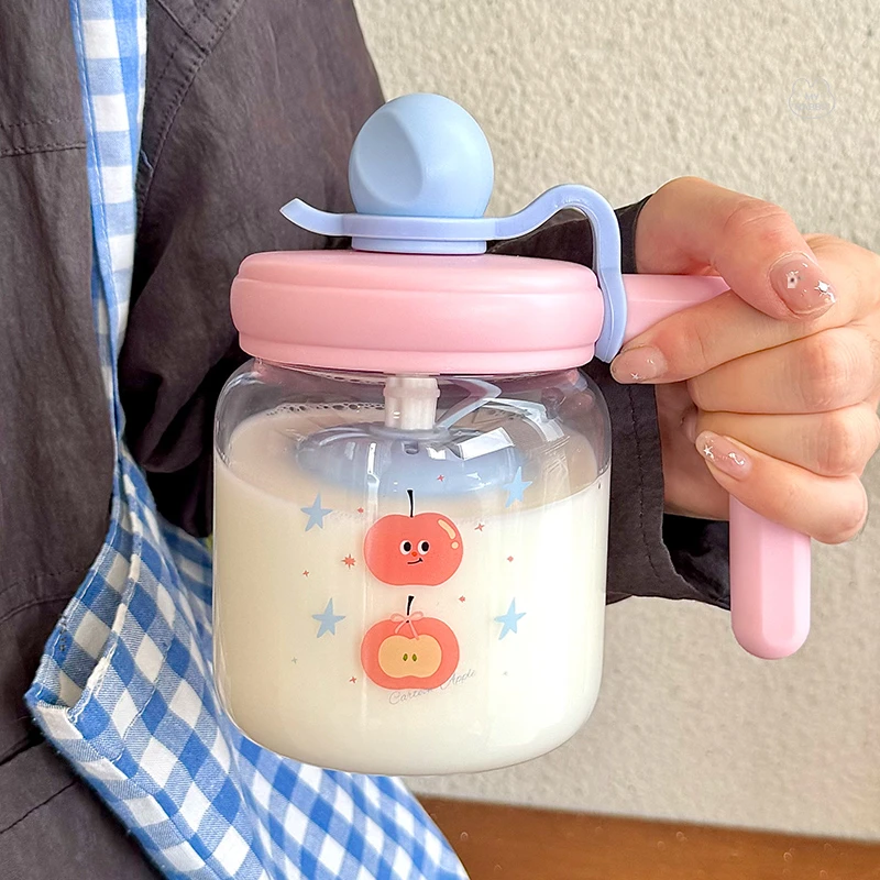 水杯玻璃杯女生2024新款高颜值把手耐高温办公室茶水分离吸管杯子