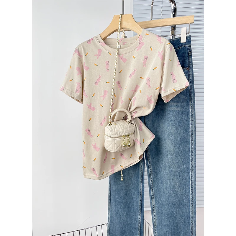 【粉色兔子】冰凉雪花棉短袖t恤宽松显瘦百搭上衣服设计感减龄女装