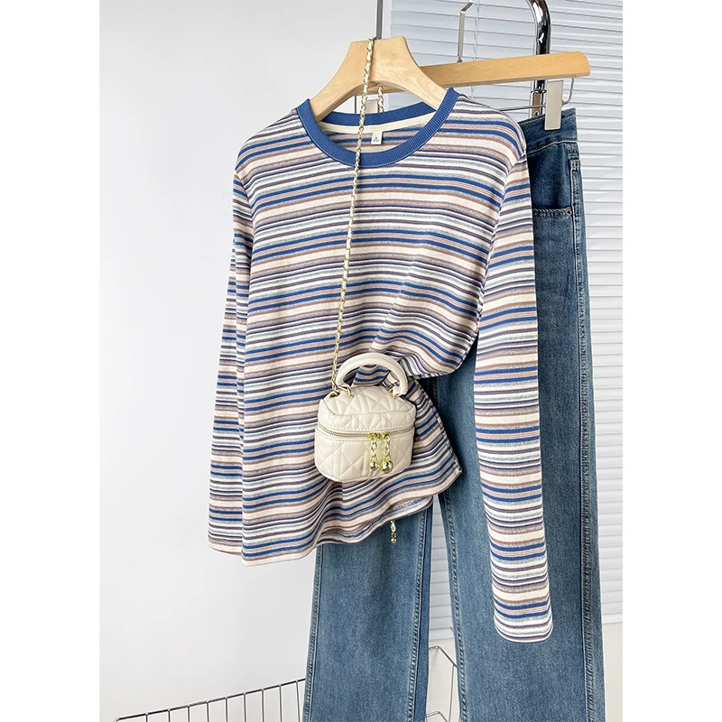 【烟雨江南】港味chic条纹长袖t恤返潮复古显瘦上衣小个子ins女装秋