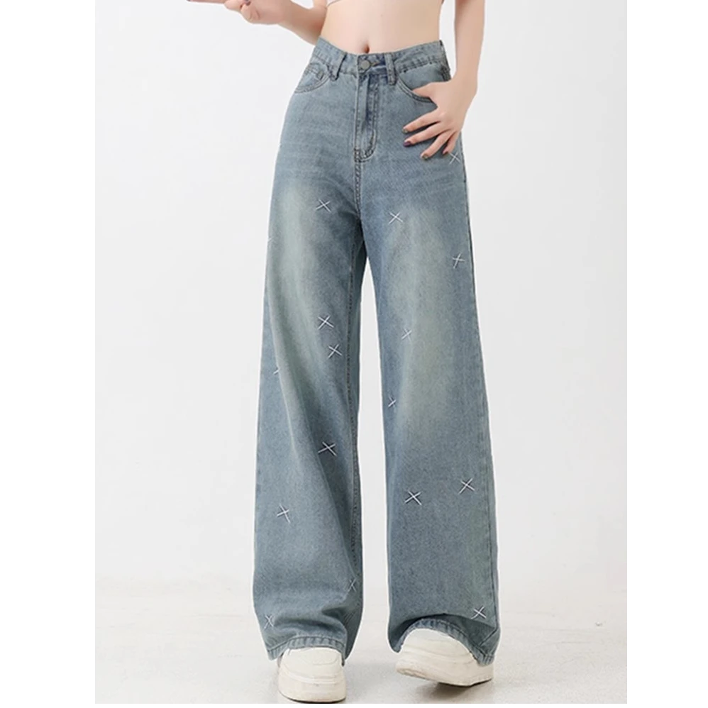 秋季新款垂感高腰牛仔裤女宽松显瘦百搭阔腿裤直筒刺绣拖地长裤潮