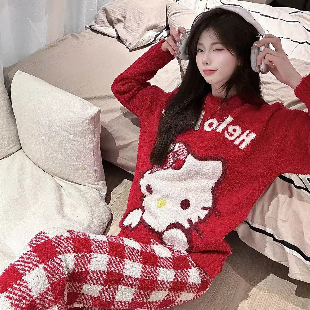 【YOYO】-冬季新款凯蒂猫睡衣半边绒砖红色家居服套装#创-23E781