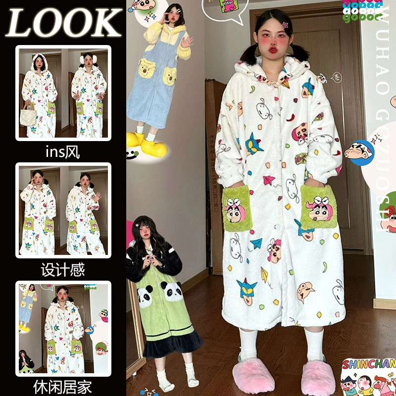 【YOYO】一网红卡通连体印花连帽珊瑚绒睡衣女家居服睡袍#创-9C983