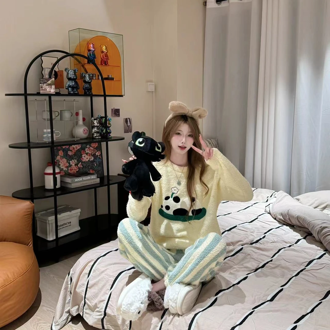 【YOYO】一少女熊猫印花半边绒睡衣女毛绒针织居家服套装#创-23C329