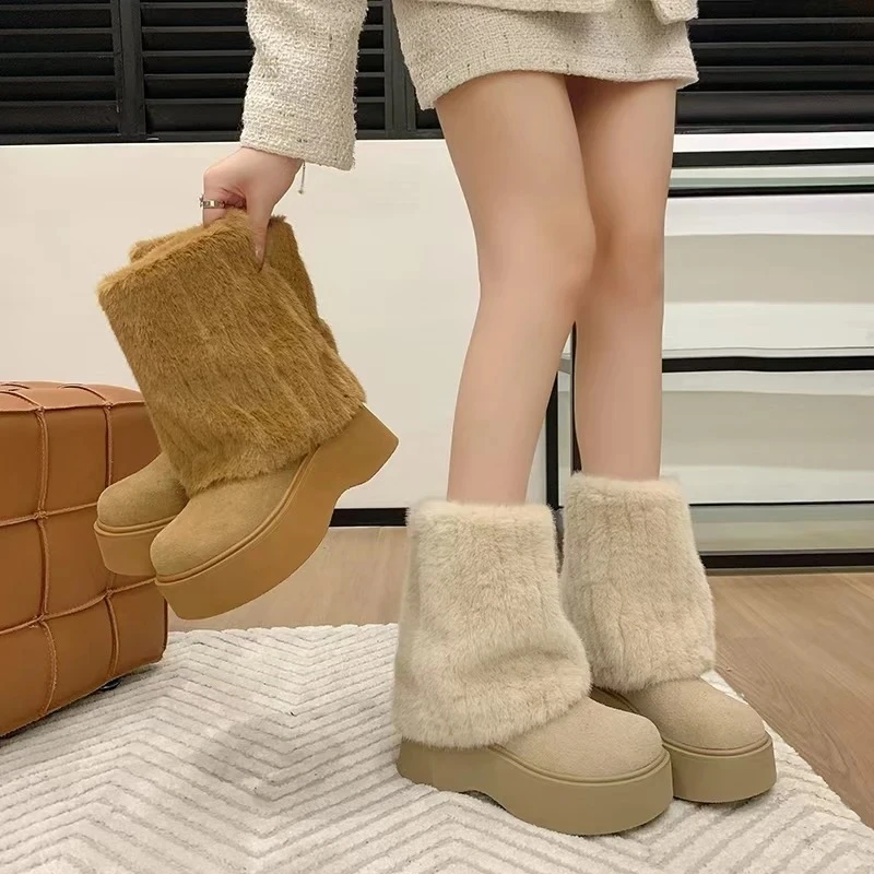 【再来】666-8显瘦中筒时尚雪地靴2024秋冬新款厚底增高裤管靴