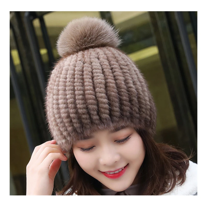 单球水貂帽子女加绒保暖帽加厚百搭防寒时尚针织通用骑车防风女士