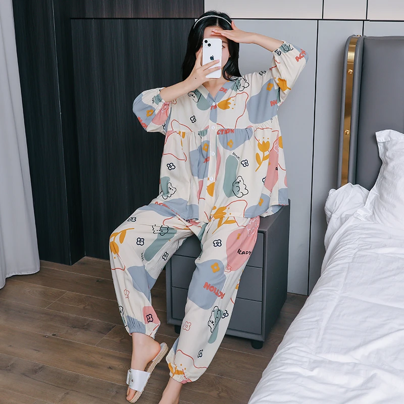 夏季女士七分袖休闲睡衣成人棉绸薄款套装女大人绵绸空调服家居服