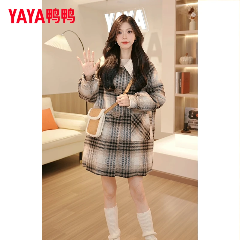 毛呢羽绒服女中长款冬季2024新款显瘦呢子大衣格子外套