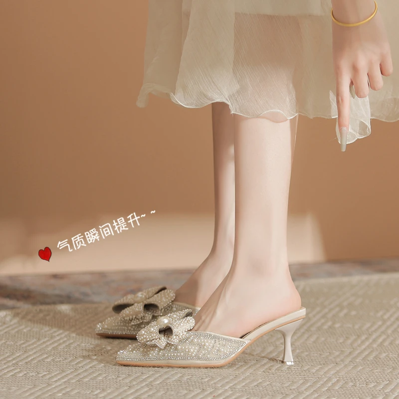 气质尖头蝴蝶结百搭包头半拖鞋女夏季透气细跟凉拖舒适不累脚单鞋