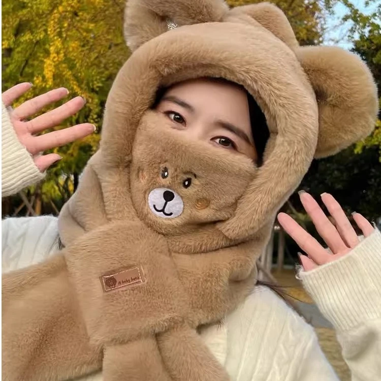 【送加绒口罩】冬季新款加绒帽子围巾一体女冬季可爱小熊保暖毛绒帽