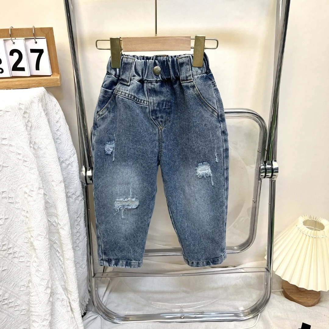 儿童韩版破洞牛仔裤春秋休闲百搭时尚中性男童女童蓝色牛仔小童