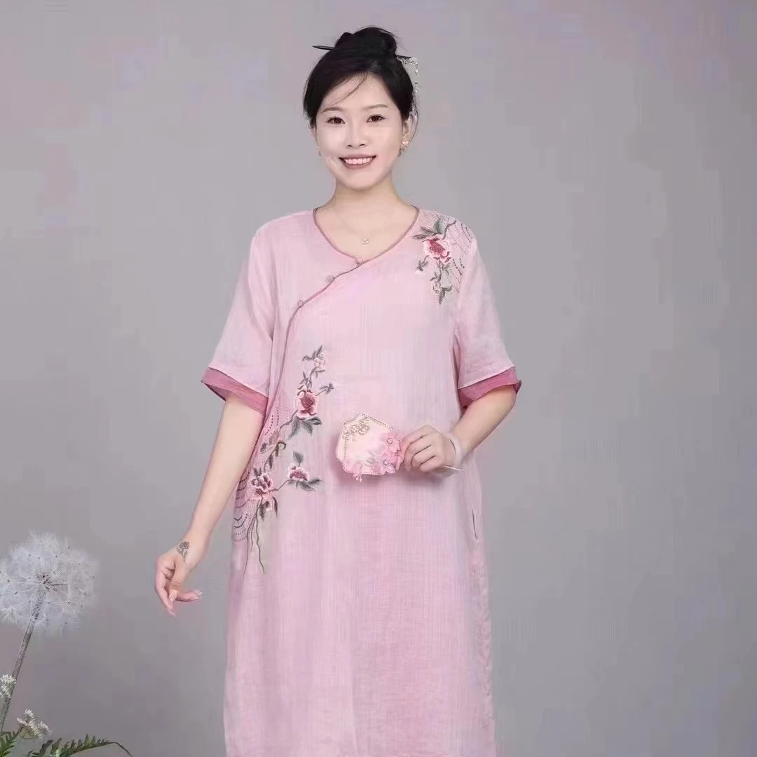 炫织梦新中式夏季宽松绣花国风复古苎麻中长款上衣