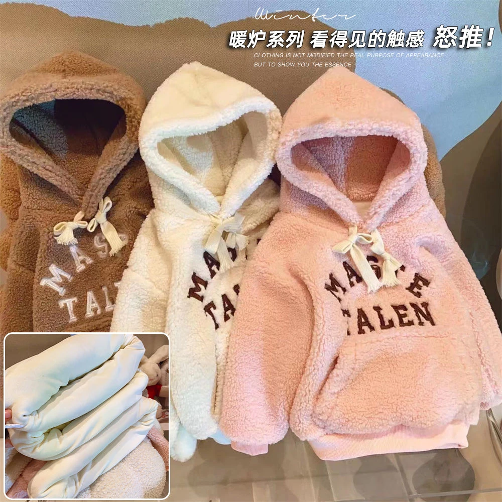 巴拉拉吧年奥利绒宽松字母印花男女童宝宝连帽卫衣秋冬款加绒加厚